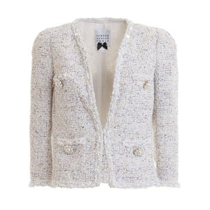 Edward Achour Paris Women’s Tweed Jacket Size 44 White Sequin Pearl Knit Blazer